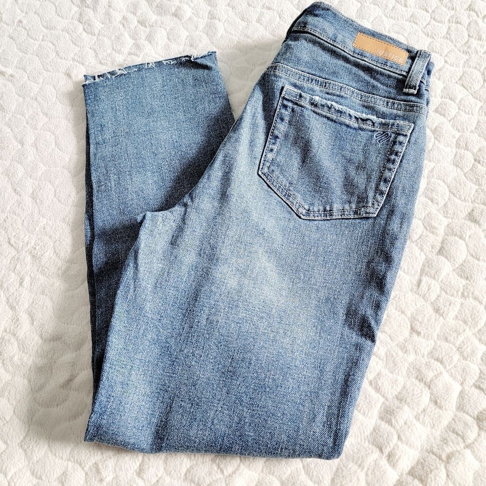 NEW Justice high rise straight jeans raw edge cut hem 16